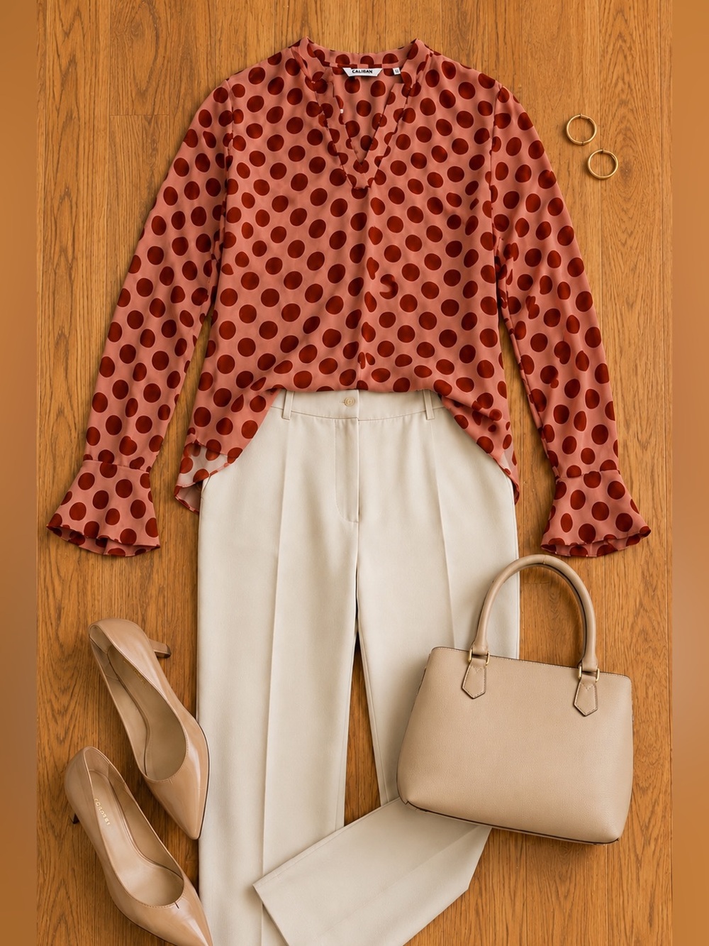 Caliban 100% Silk Polka Dot Blouse Pink Brown Long Sleeve EU 40 US 4 Made Italy